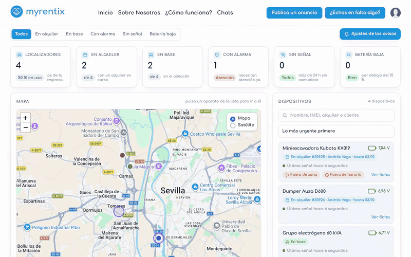 La lista de localizadores con el mapa de la flota.