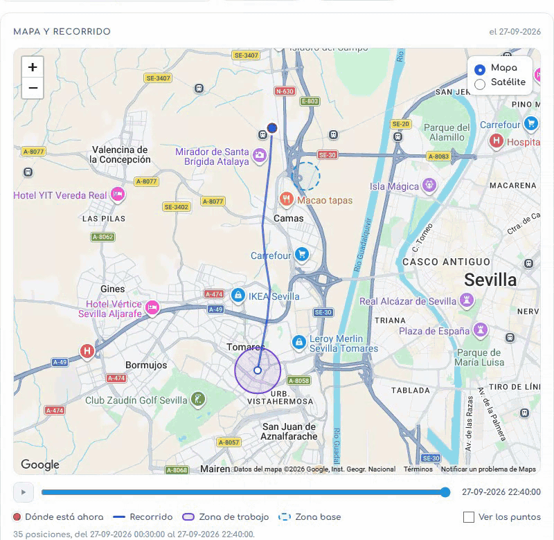 El recorrido de una miniexcavadora en el mapa del panel.